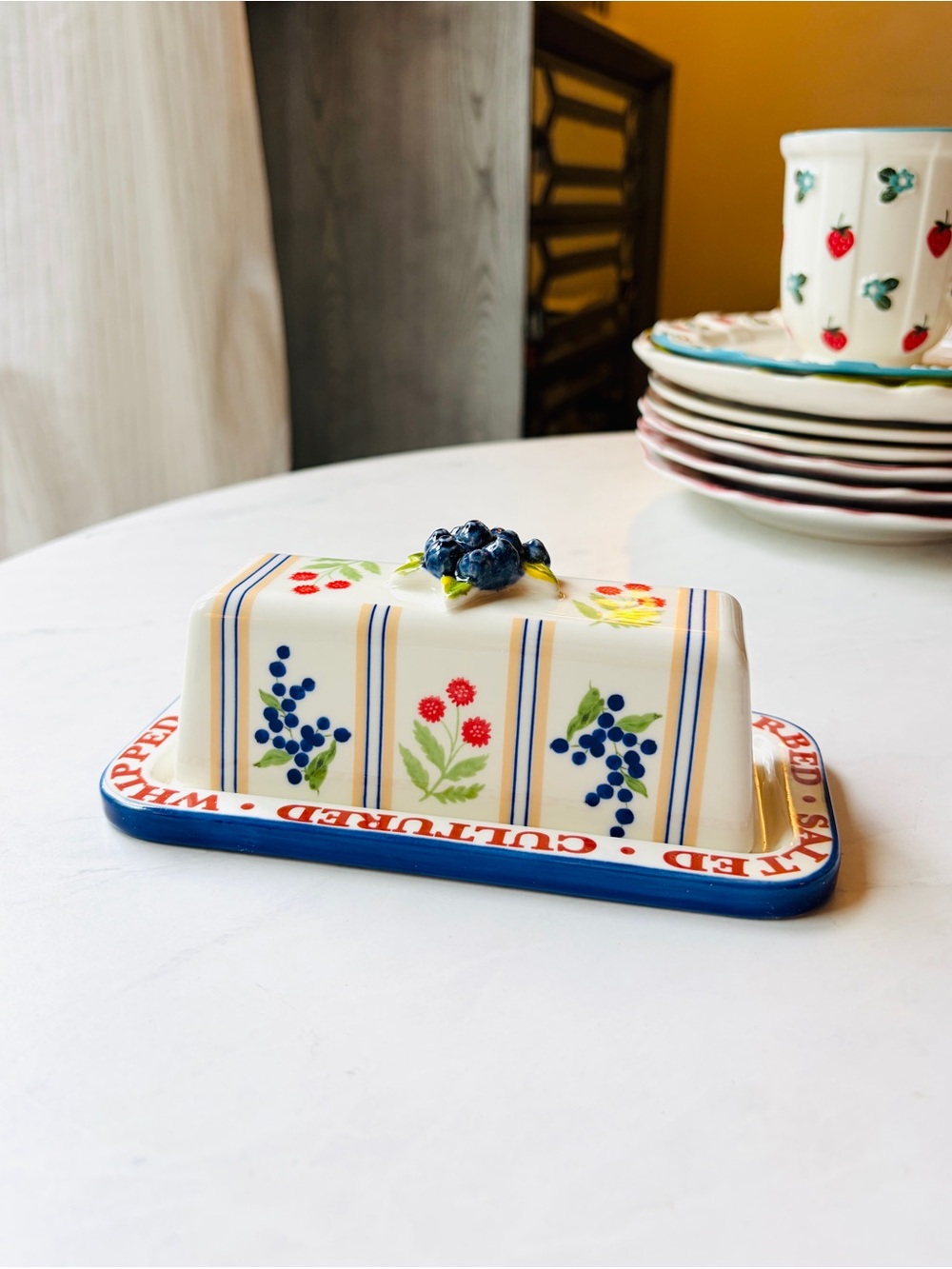 NEW Anthropologie Lotta Butter Dish, Floral, Red and Blue, Hand-Painted